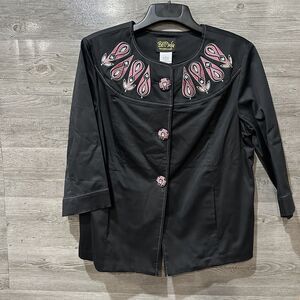 Bob Mackie Wearable Art Woman Jacket Large Black 3/4 Wide Sleeve Pink Sparkles